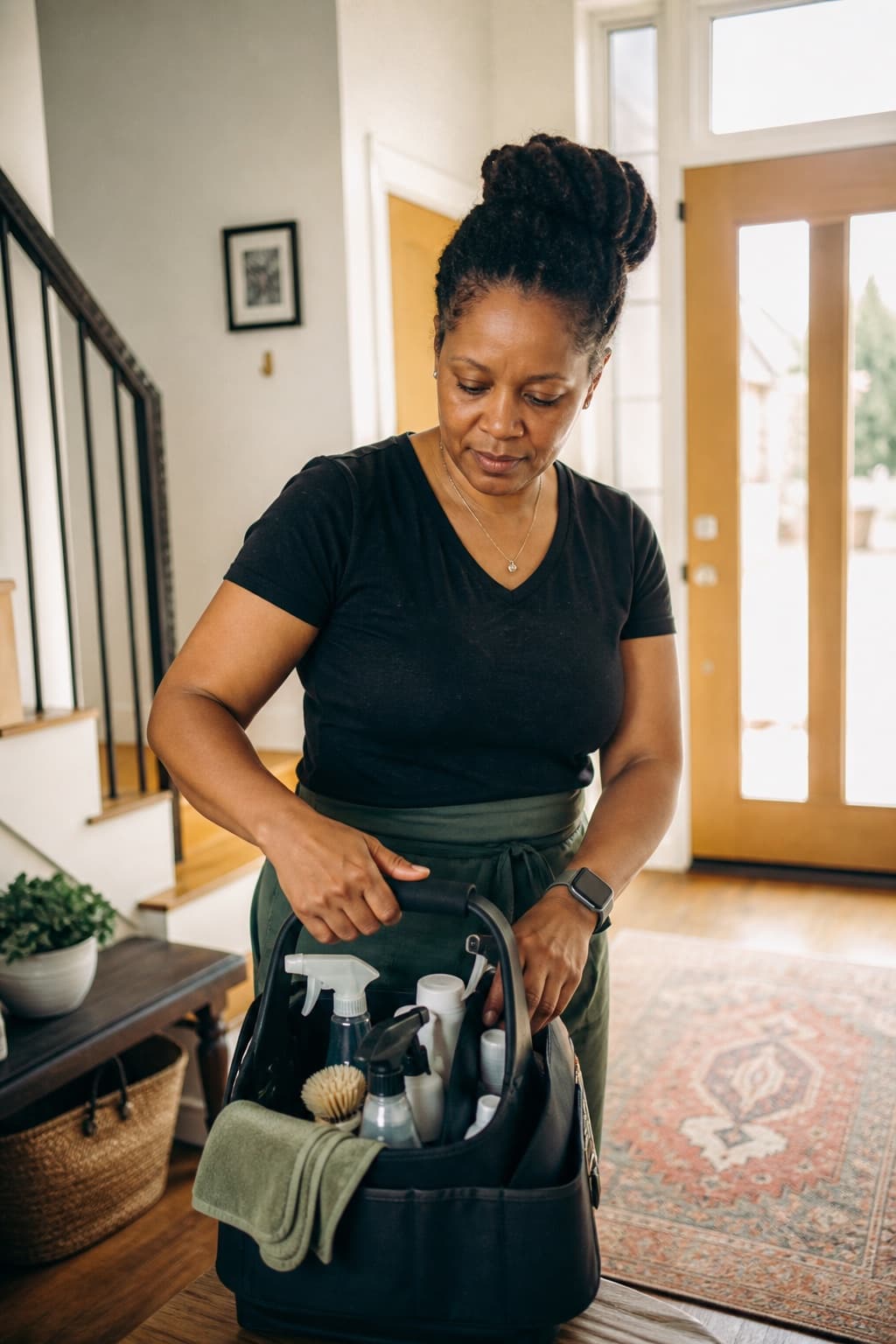 Illustrative portrait of a residential cleaning business owner preparing supplies in a home entryway. Not a Dispatched provider.