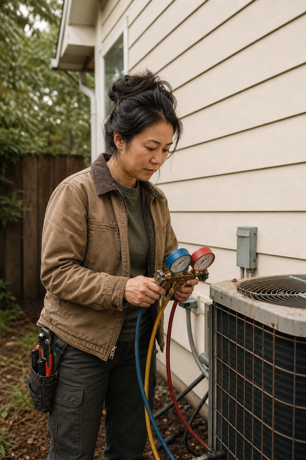 Illustrative portrait of a heating-and-cooling business owner servicing an outdoor condenser. Not a Dispatched provider.
