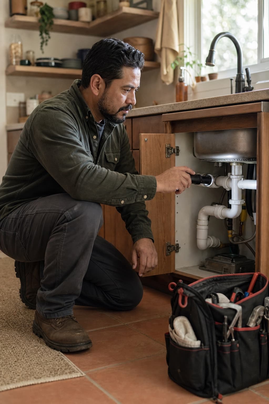 Illustrative portrait of a plumbing business owner inspecting pipes beneath a kitchen sink. Not a Dispatched provider.